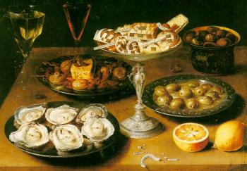 Osias Beert : Graphic Still-Life with Oysters and Pastries